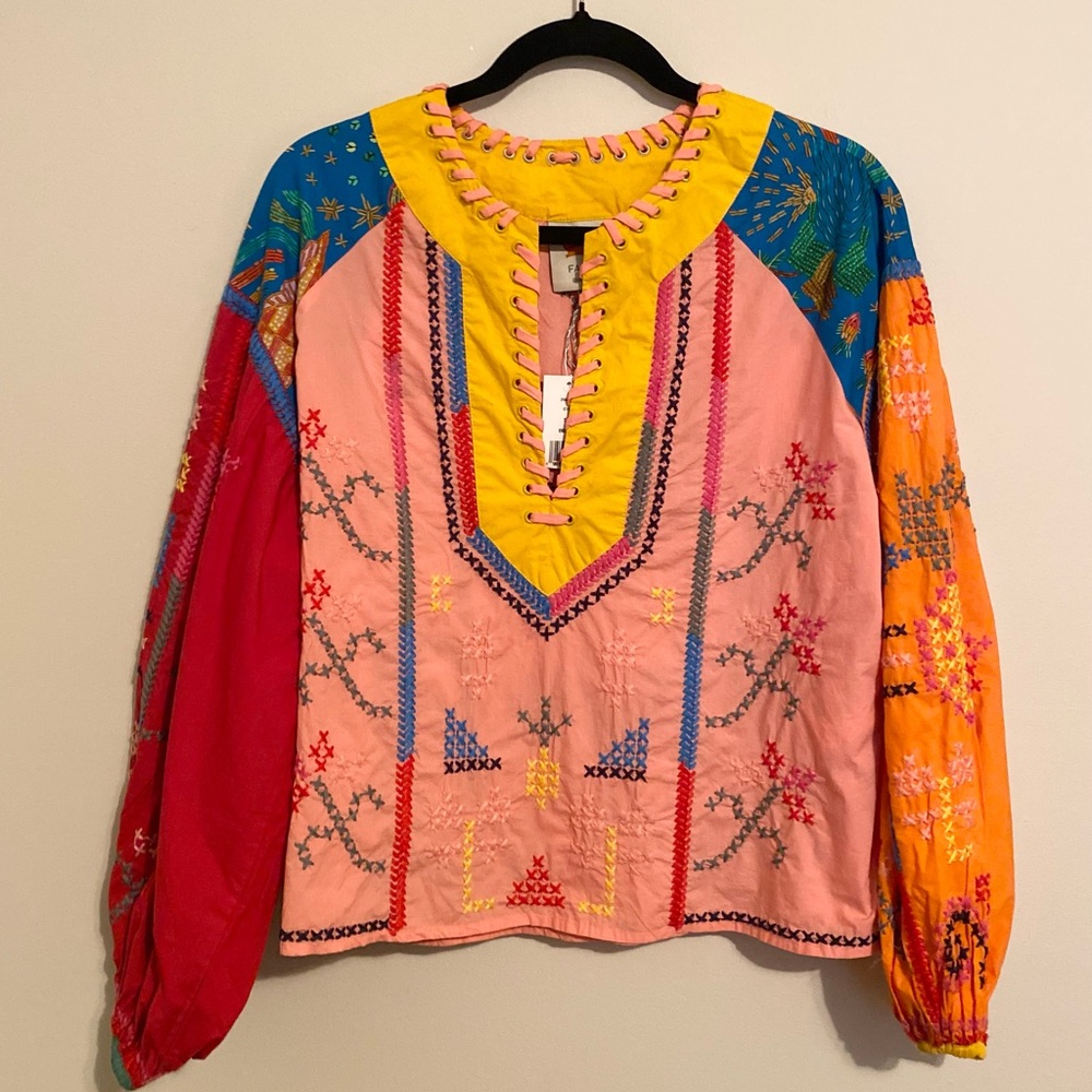 Farm Rio‎ Whipstitched Color-block
Cotton-poplin Blouse